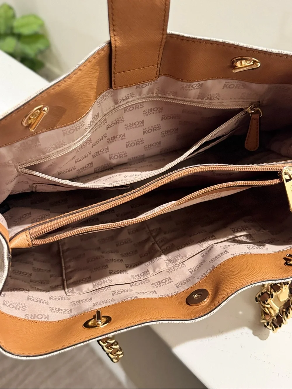 Michael Kors White/Brown Signature Costed Canvas and Leather Tote.